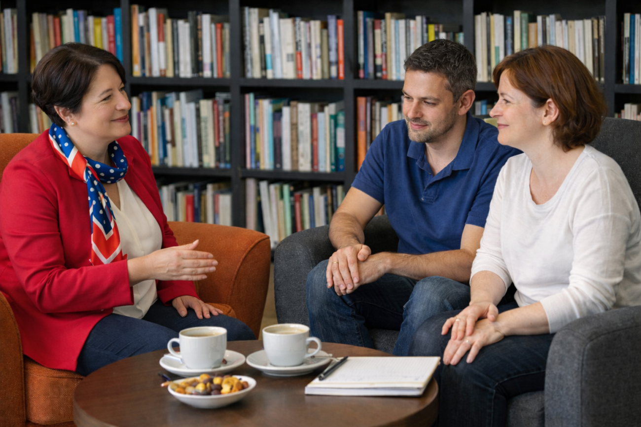 beszélgetek egy tanulópárral egy kávé mellett, a háttérben könyvek
